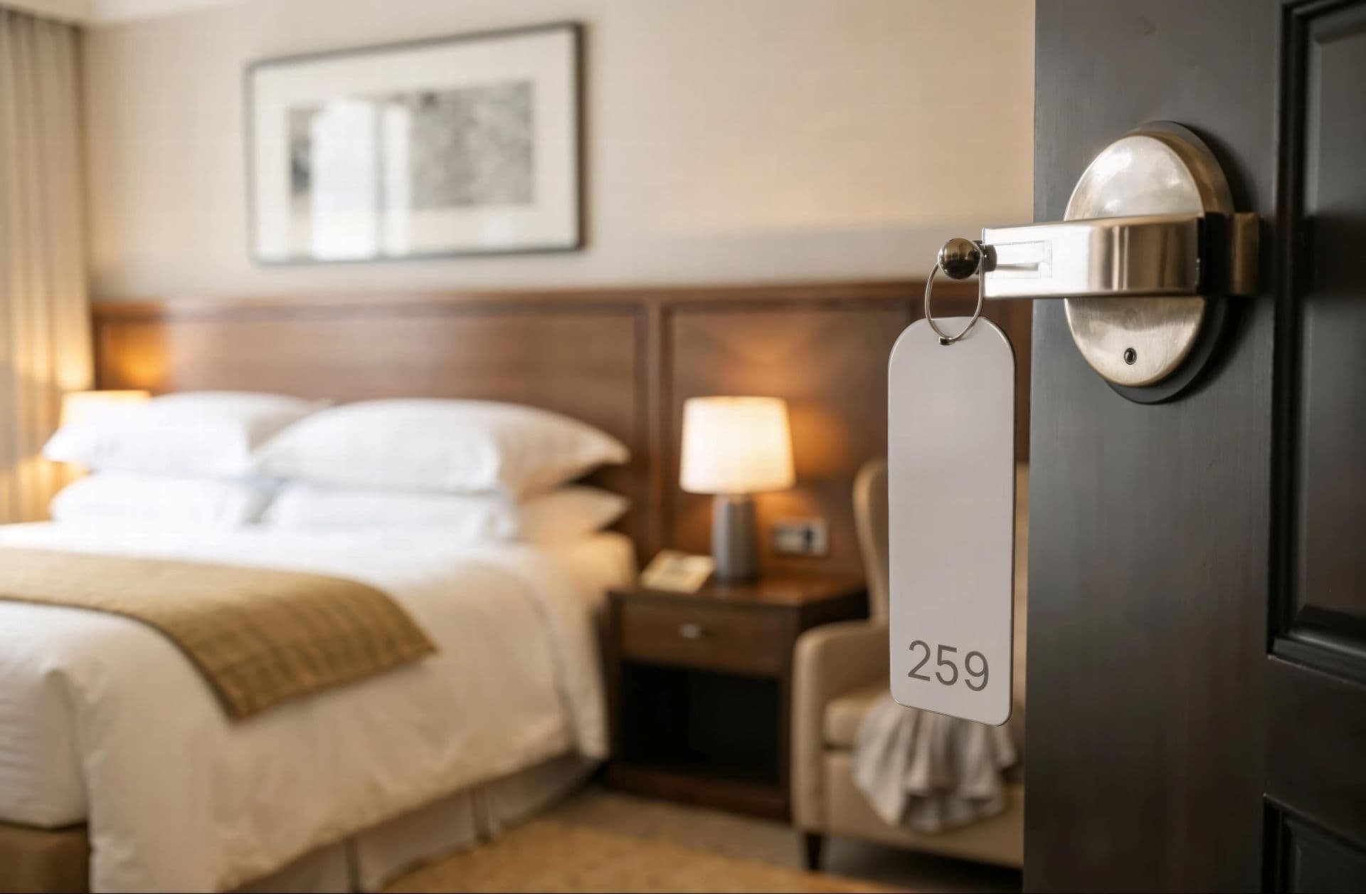 An open door to a hotel room